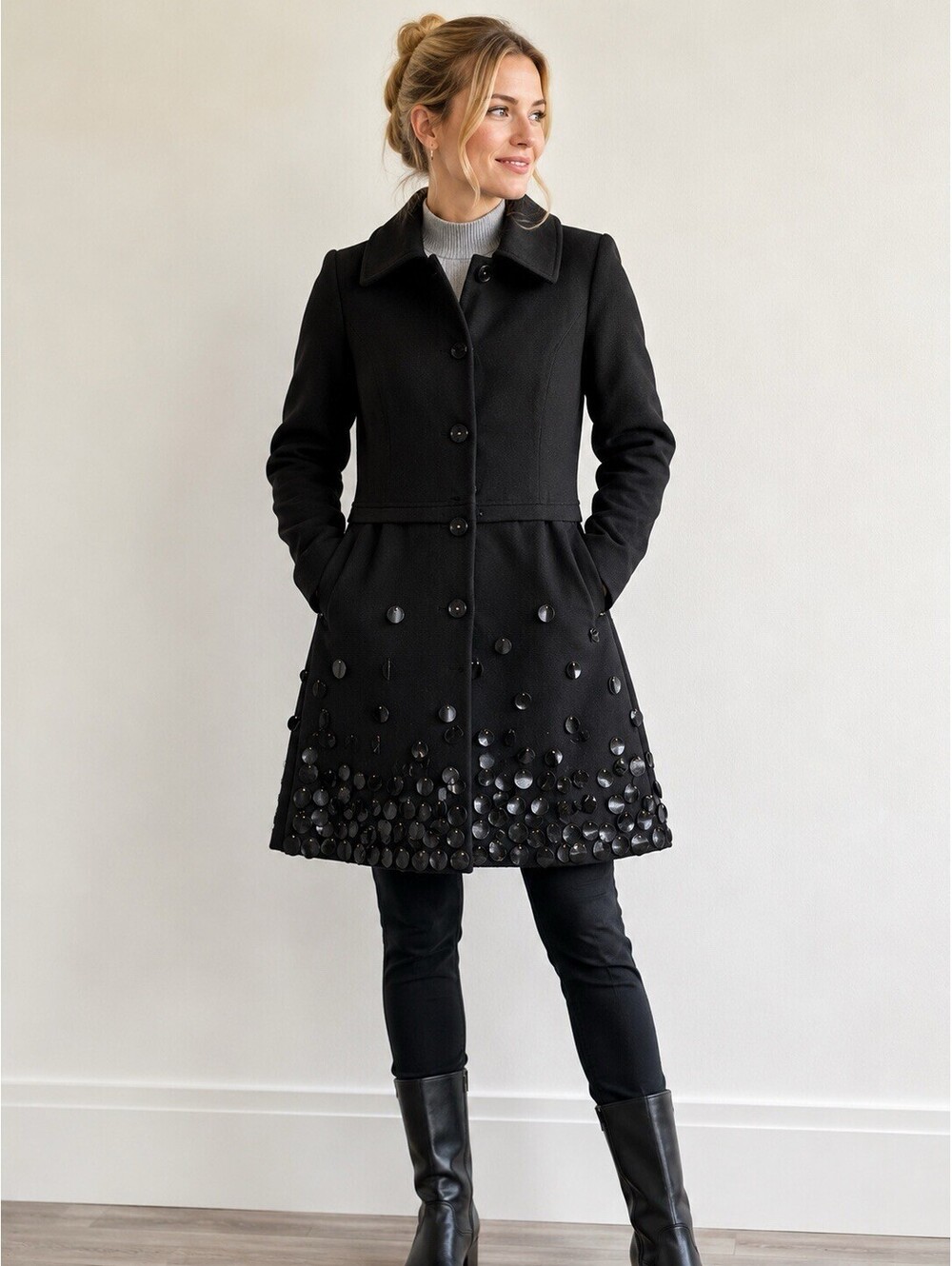 ETCETERA Women’s Black Mid-Length Button Front Embellished Lined Coat Size 0